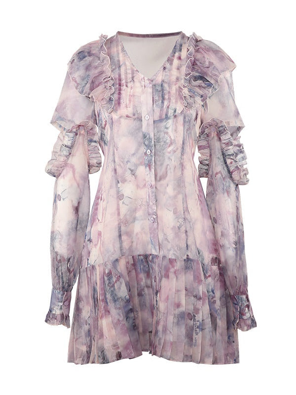 Oil Painting Printed Suspender Dress & Mesh Pleat Dress & Shirt Cardigan
