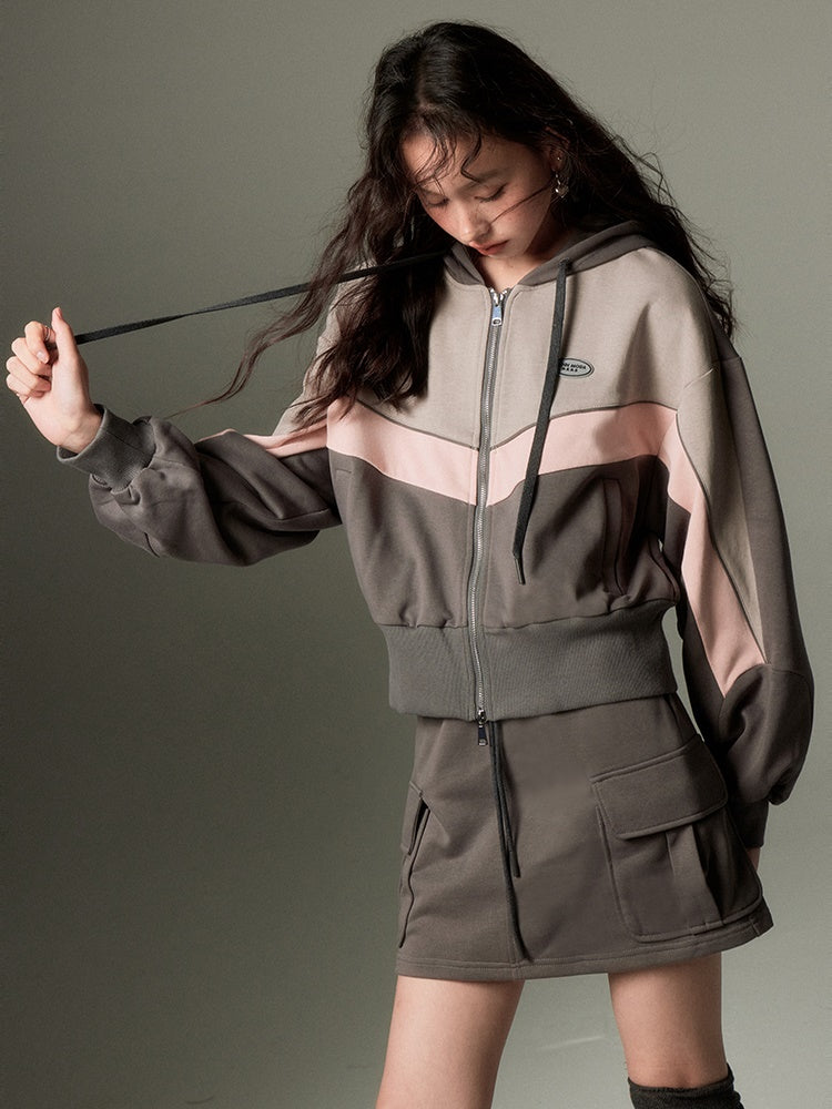 Sports Style ZIP-up Hoodie & A-Line Skirt