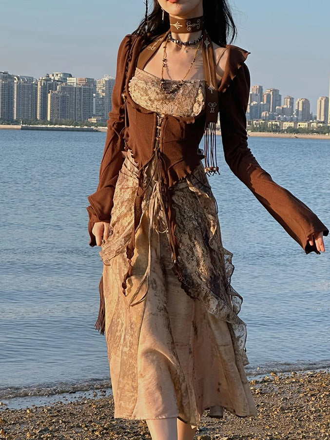 Classical Aesthetics Printed Lace Dress & Waist Slim Cardigan