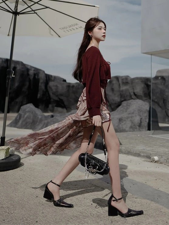 Sequin Camisole & Sheer Cardigan Set-up & Sequin Fishtail Skirt