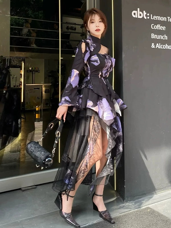 Modern Print Hollow Slim Waist Top & Fishtail Drape Skirt Set-up