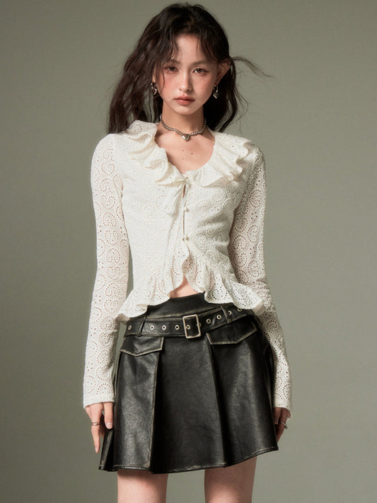 Hollow Frill Collar Lace Top