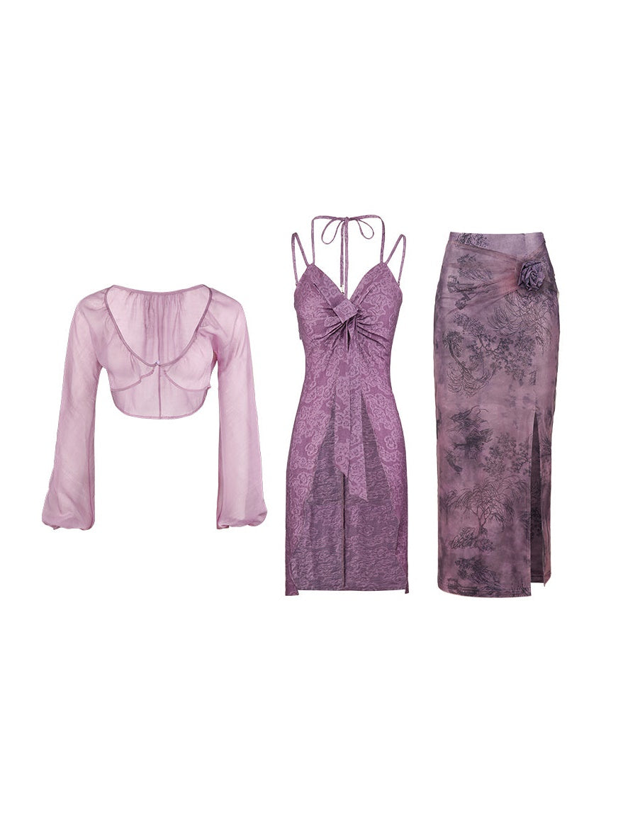 Sheer Short Top & Sling Set & Printed Skirt