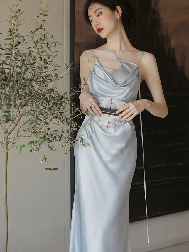 Drape Sling Dress With Floral Corset Belt