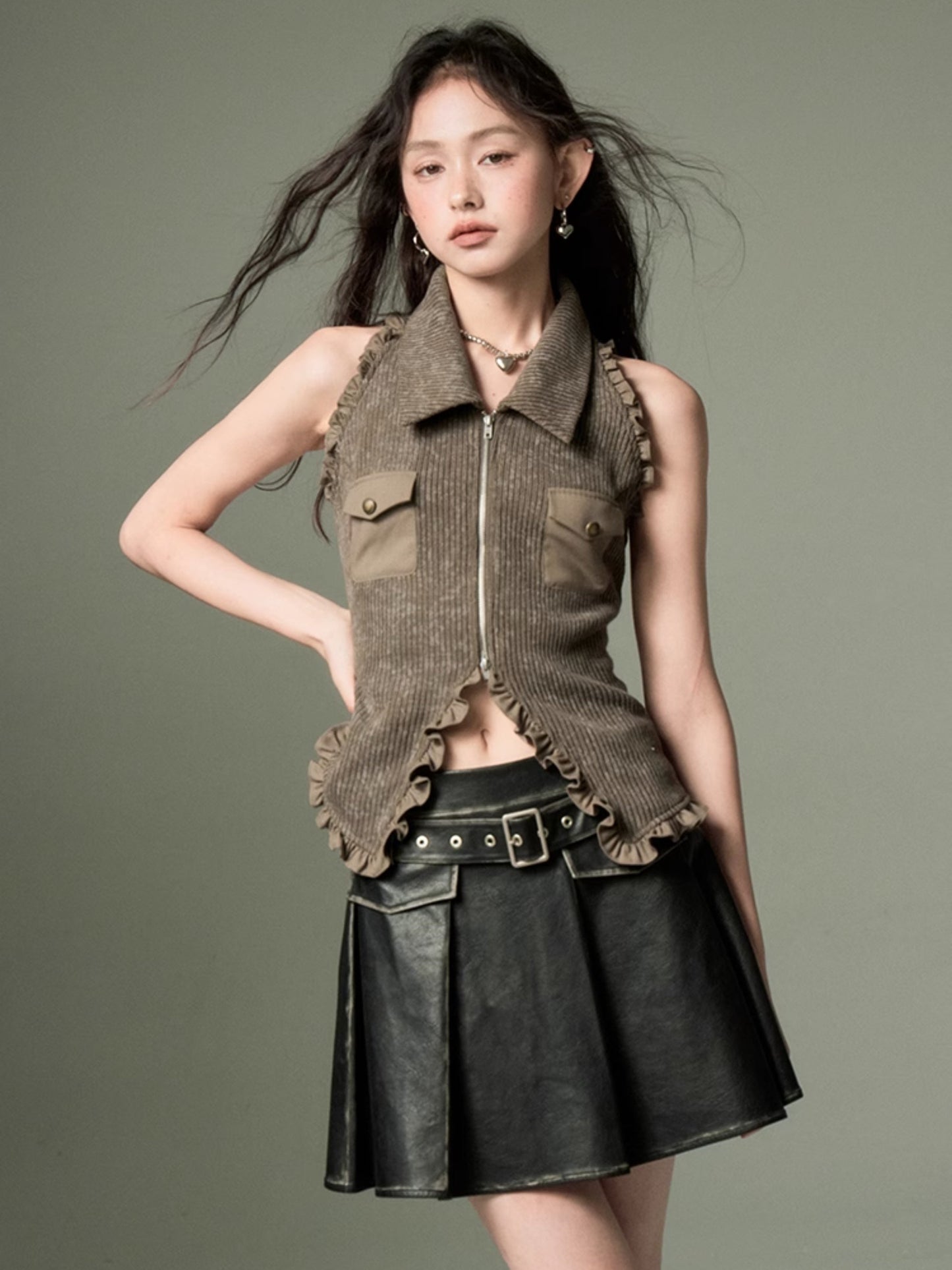 Polo Collar Knitted Sleeveless Top & Shawl Cardigan Set-up