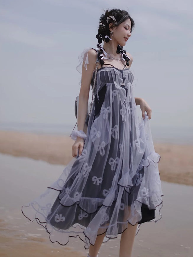 Butterfly Embroidered Ribbon Fake Two-Piece Dress & Cardigan