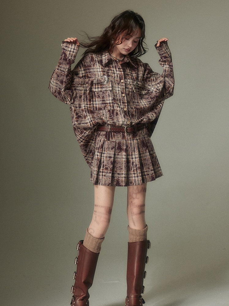 Plaid Loose Long Sleeve Shirt & Pleated Skirt
