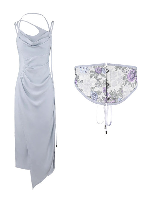 Drape Sling Dress With Floral Corset Belt