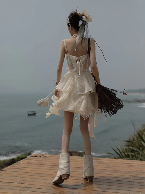 Frill Stitch Sleeveless Top & Irregular Flare Skirt