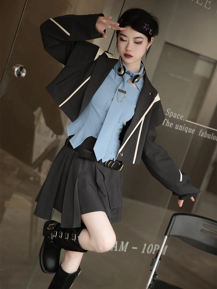 Plaid Wide Shoulder Jacket & Pleated Skirt Pants