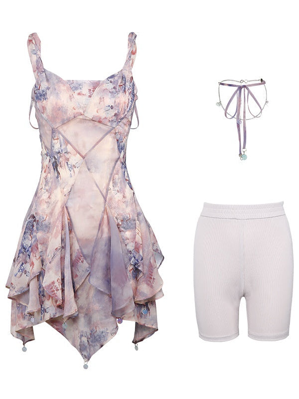Oil Painting Printed Suspender Dress & Mesh Pleat Dress & Shirt Cardigan