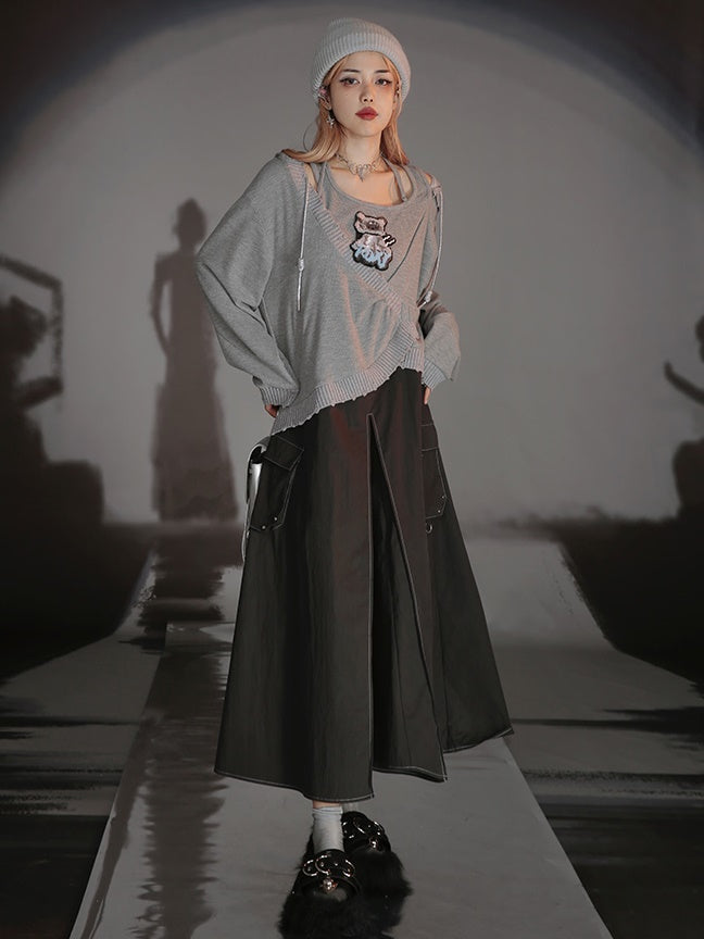 Cat Design Layered Style Loose Top & Switching Design One-piece