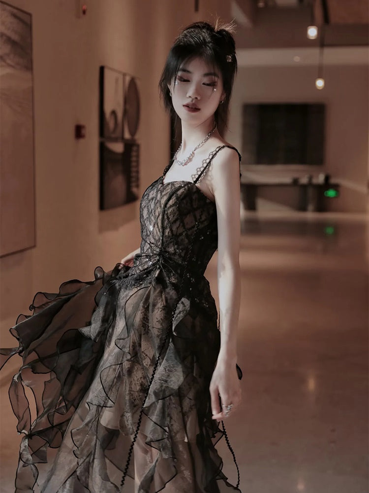 Irregular Frill Stitch Lace Sheer Sling Dress