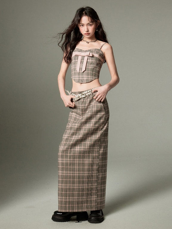 Plaid Bow Cropped Camisole & Long Skirt