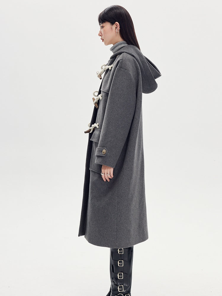 Horn Buckle Hooded Long Woolen Coat