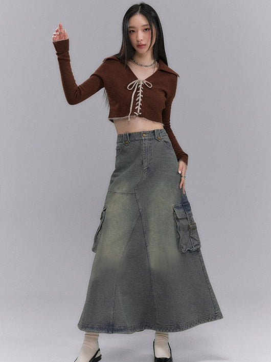 Washed Old Denim A-Line Long Skirt