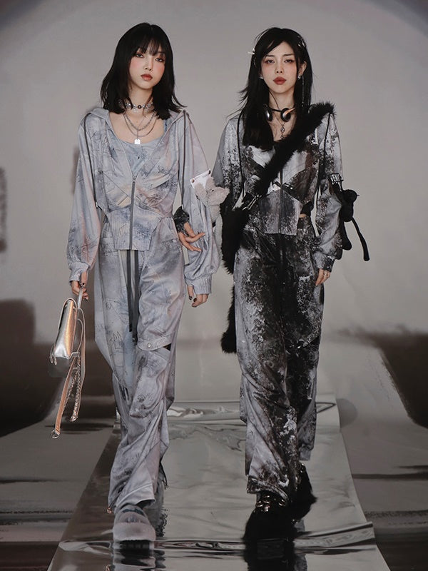 Graffiti Print Parka & Camisole Set & Cutout Pants & Slit Skirt