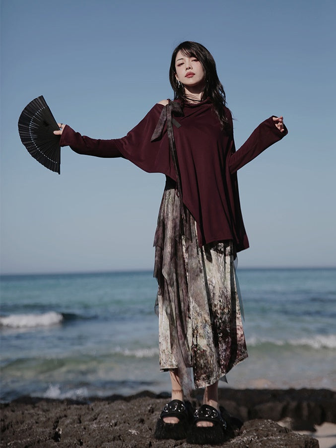 One-Shoulder Switching Forest Dress & Velvet Cape