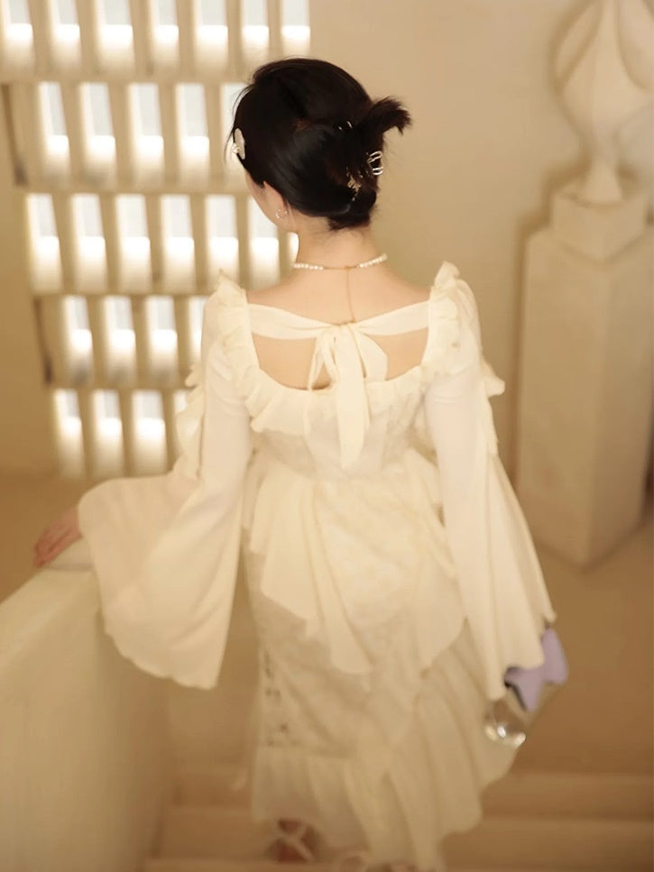 Asymmetry Ruffle Fairy Embroidered Fishtail Dress