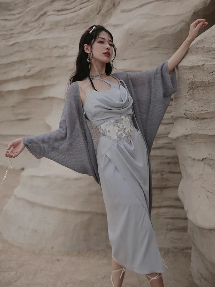 Drape Sling Dress With Floral Corset Belt