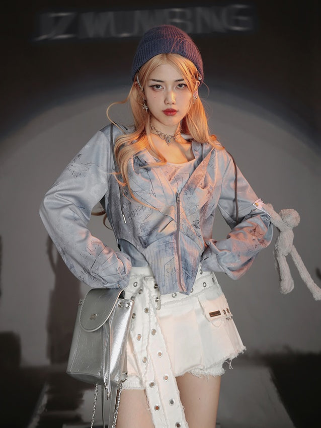 Graffiti Print Parka & Camisole Set & Cutout Pants & Slit Skirt
