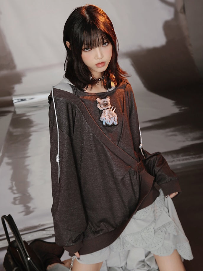 Cat Design Layered Style Loose Top & Switching Design One-piece