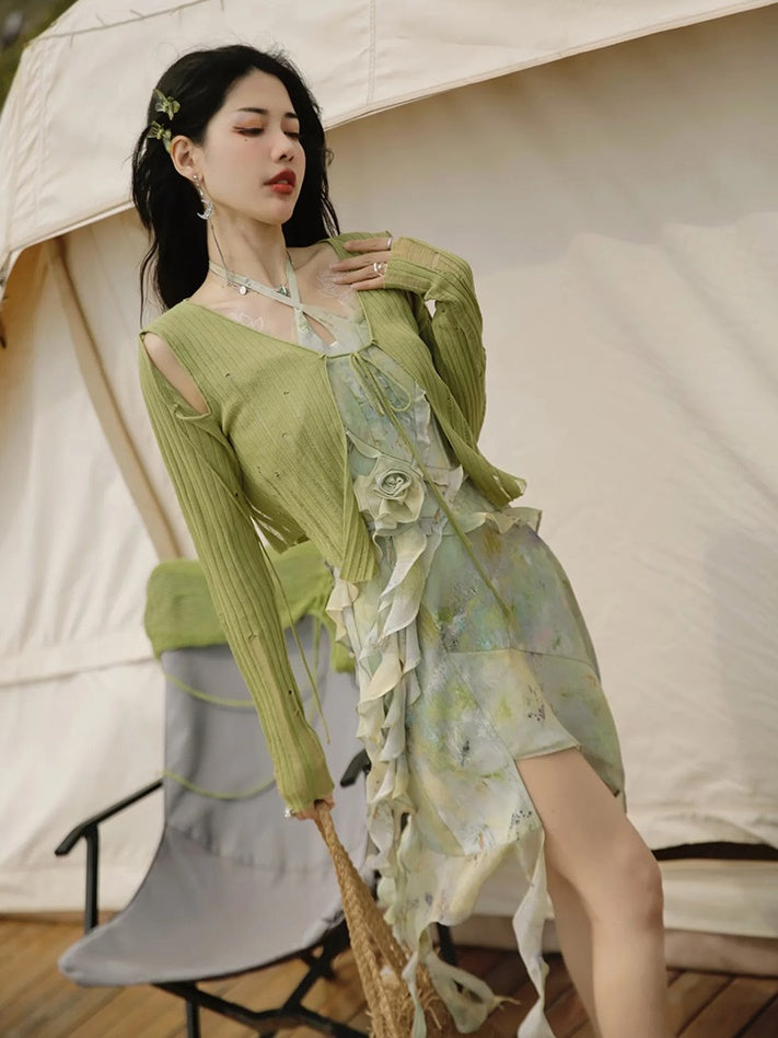 Oil Painting Printing Fishtail Dress & Top & Set-up