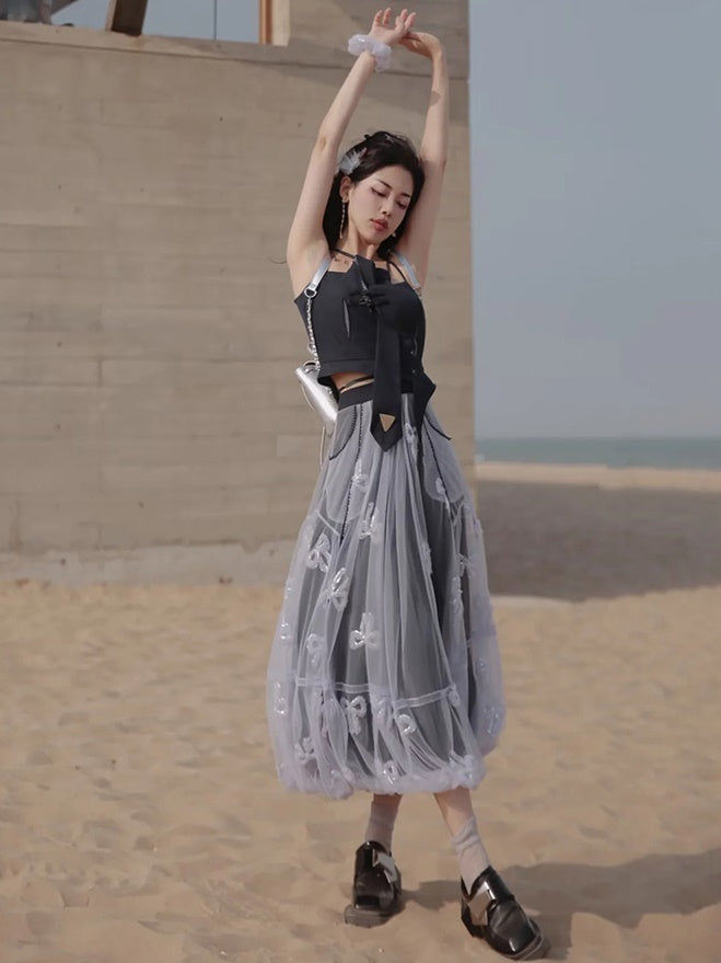 Embroidery Slim Short T-shirt & Camisole & Ribbon Culottes & Bubble Skirt