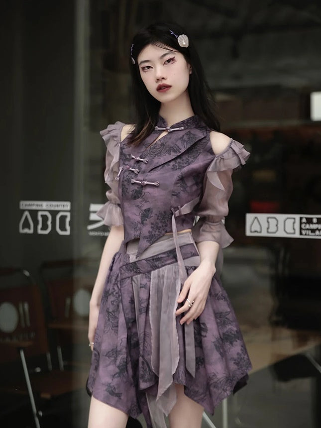 Chinese Style Short Top & Irregular Hem Skirt & Camisole & Cropped Sheer Cardigan
