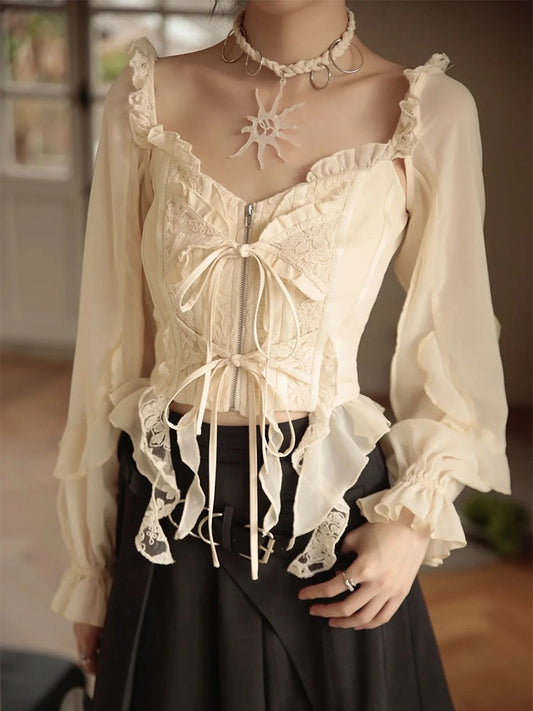 Embroidered Lace Stitch Pullover ＆ Removable Sleeve Corset Top