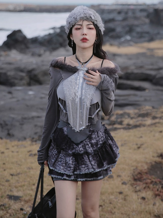Fur Collar Top & Halter-neck Vest & Cut Lace Skirt