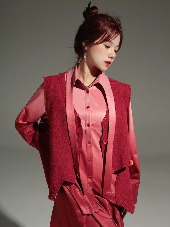 Gradation Detachable 2way Shirt Dress & Knitted Vest