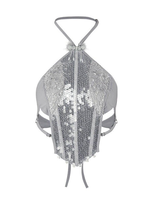 Fur Collar Top & Halter-neck Vest & Cut Lace Skirt