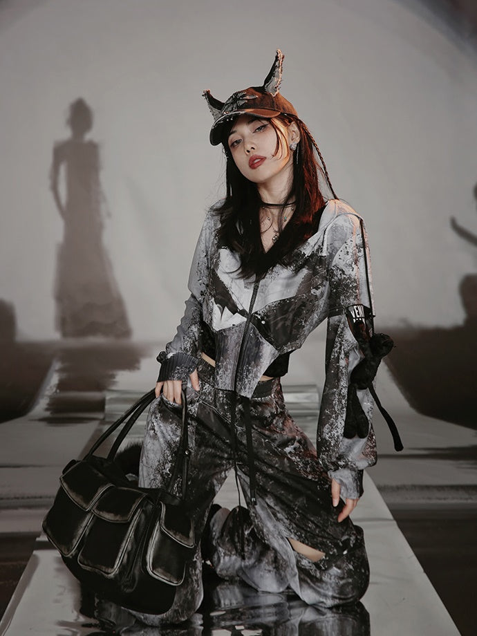 Graffiti Print Parka & Camisole Set & Cutout Pants & Slit Skirt
