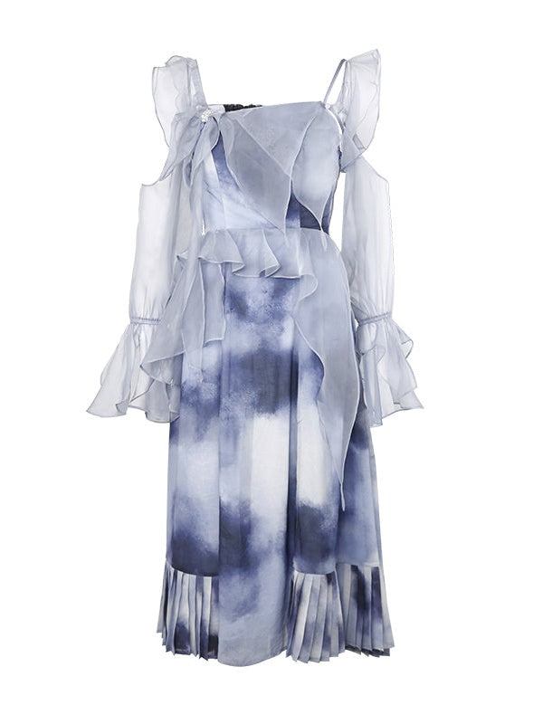 Oil Painting Print Dress with Detachable Sleeves