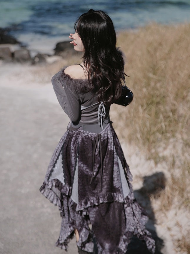 Fur Collar Top & Halter-neck Vest & Cut Lace Skirt