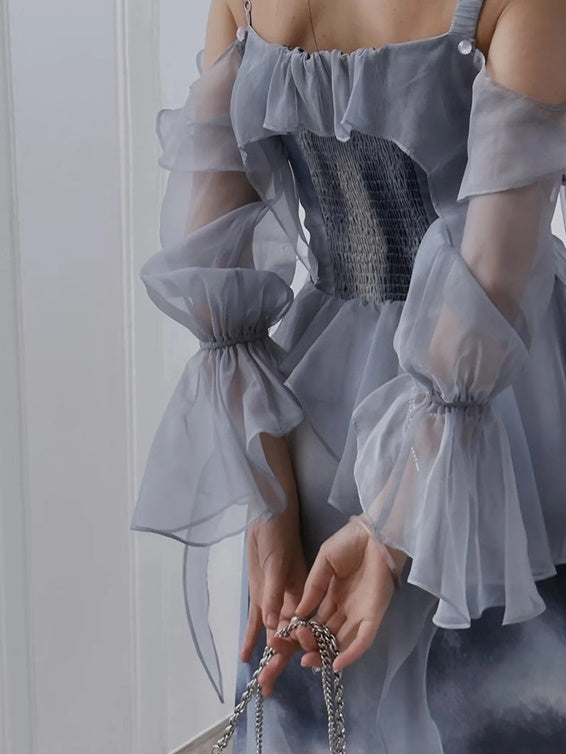 Oil Painting Print Dress with Detachable Sleeves
