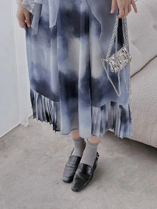 Oil Painting Print Dress with Detachable Sleeves