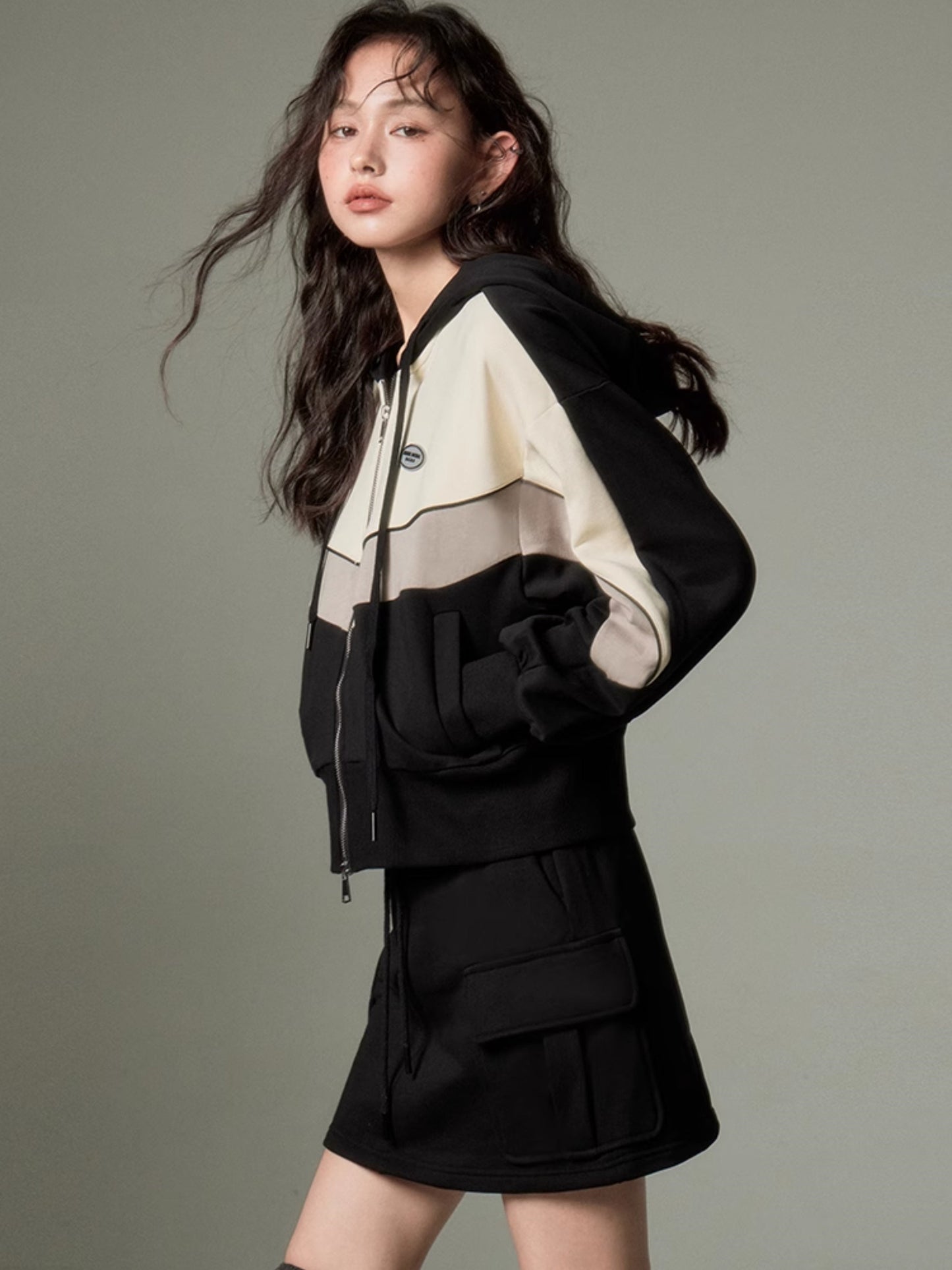Sports Style ZIP-up Hoodie & A-Line Skirt