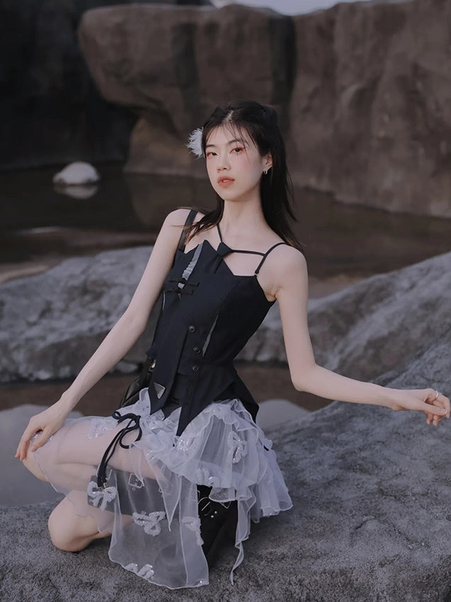 Embroidery Slim Short T-shirt & Camisole & Ribbon Culottes & Bubble Skirt