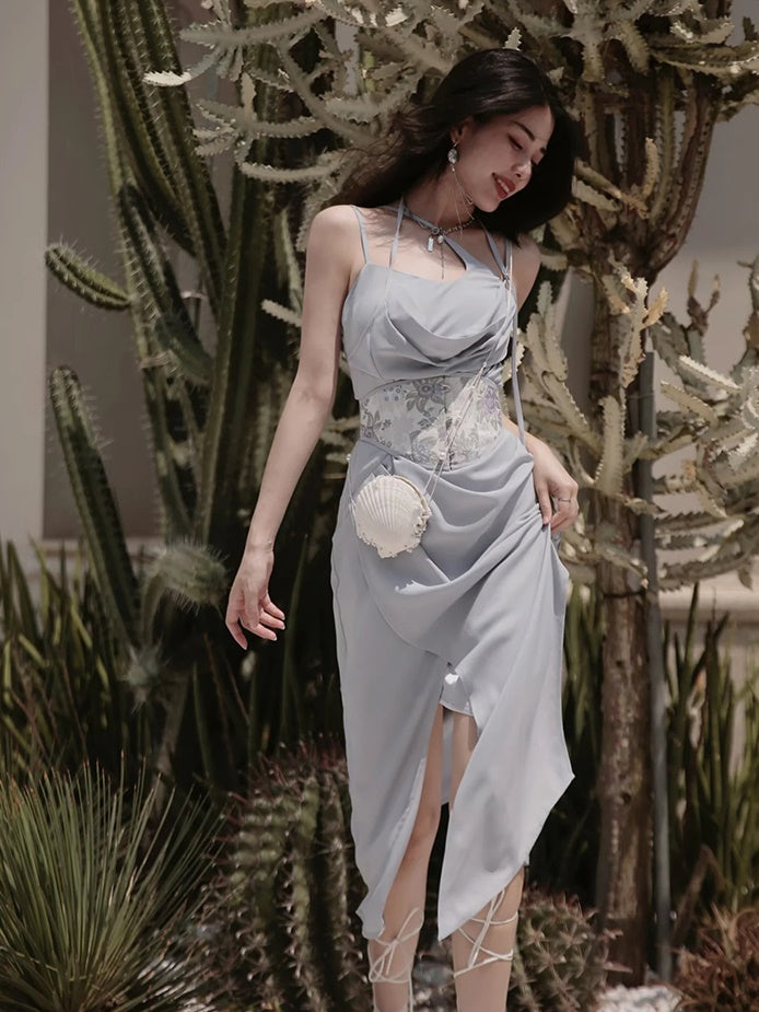 Drape Sling Dress With Floral Corset Belt
