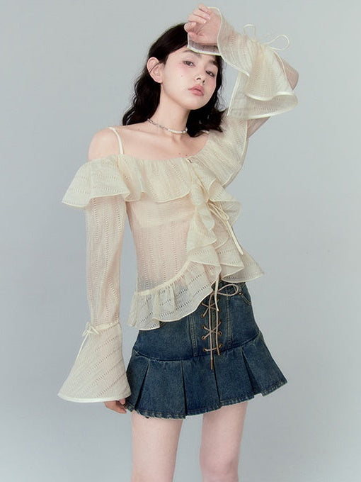 Lace-up High Waist Pleated Skirt