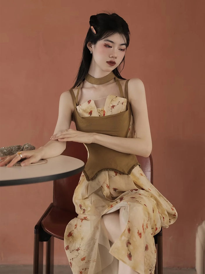 Floral Printed Strap Fake Layered Dress & Shirt
