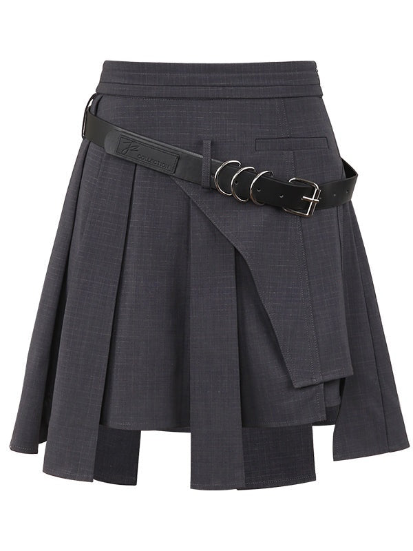 Plaid Wide Shoulder Jacket & Pleated Skirt Pants