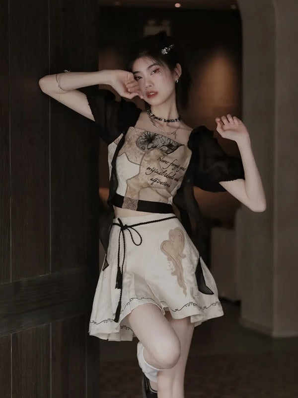 European-style Lace Embroidery Top & Pleat Skirt