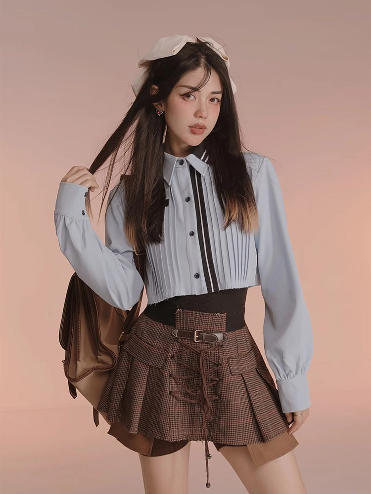 Plaid Fake Two Check Skirt Pants