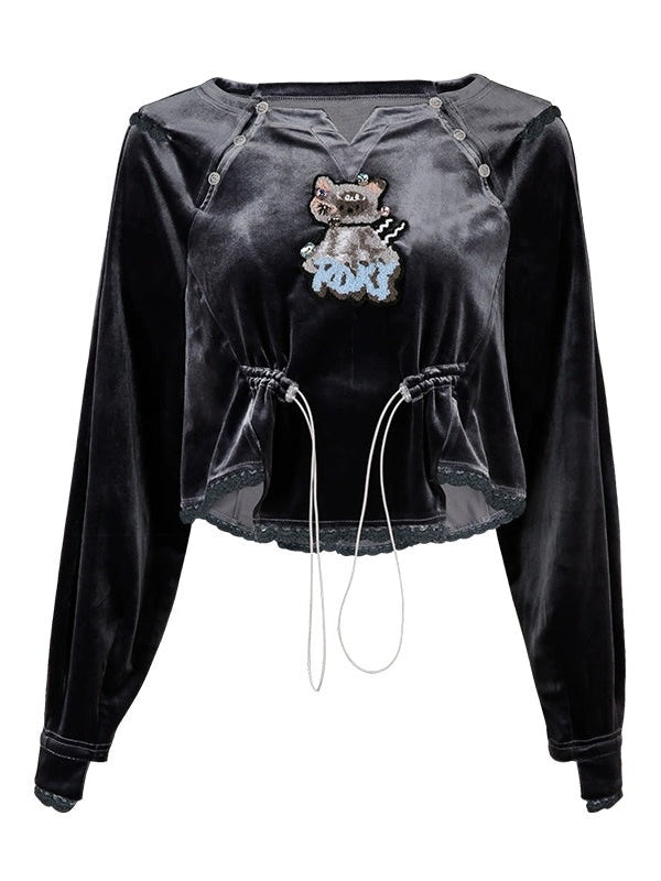 Loose Velvet Beaded Cat Top