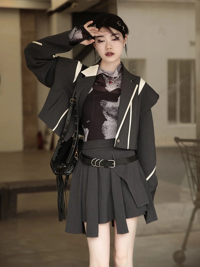 Plaid Wide Shoulder Jacket & Pleated Skirt Pants
