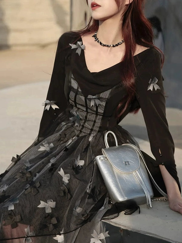 Butterfly Ribbon Gauze Hooded Dress