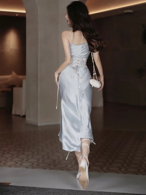 Drape Sling Dress With Floral Corset Belt